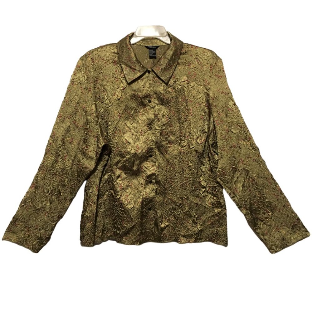 Beliza Woman Long Sleeve Embossed Crinkle Embroidery Button Front Shirt 3X